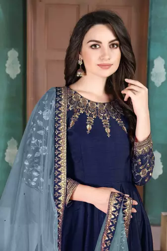 Navy blue embroidered adda silk anarkali suit