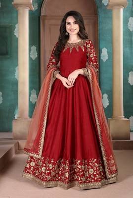 Red embroidered adda silk anarkali suit 1