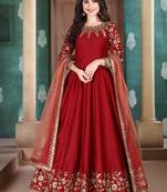 Red embroidered adda silk semi stitched anarkali suit
