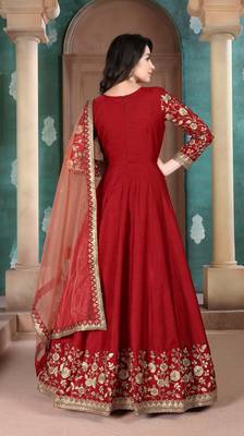 Red embroidered adda silk anarkali suit 2