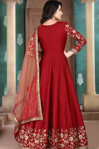Red embroidered adda silk anarkali suit