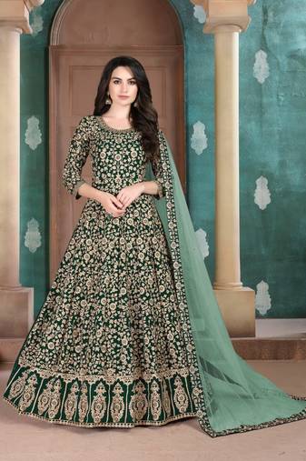 Green embroidered faux georgette semi stitched anarkali suit