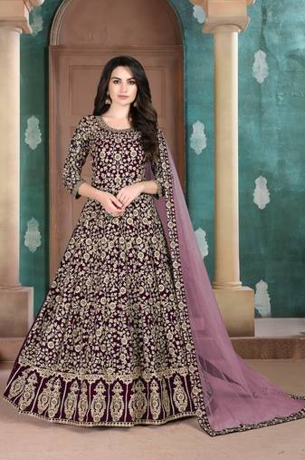 Purple embroidered faux georgette semi stitched anarkali suit