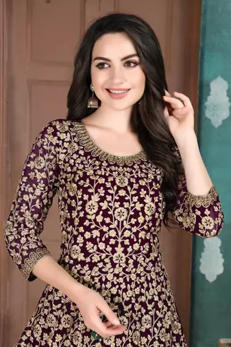Purple embroidered faux georgette anarkali suit