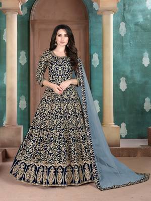 Navy blue embroidered faux georgette anarkali suit 1