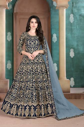 Navy blue embroidered faux georgette semi stitched anarkali suit