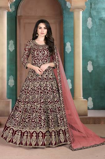 Maroon embroidered faux georgette semi stitched anarkali suit