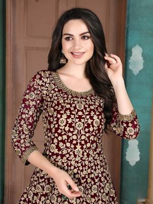 Maroon embroidered faux georgette anarkali suit 2