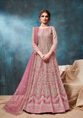 Pink embroidered net anarkali suit 1