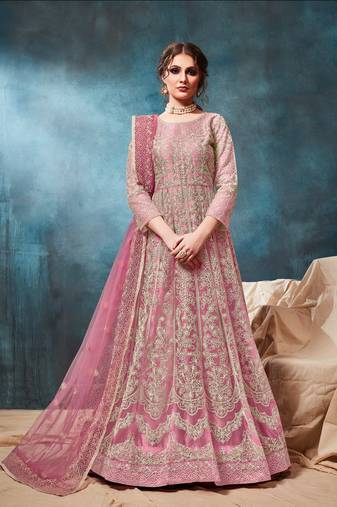 Pink embroidered net semi stitched anarkali suit