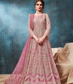 Pink embroidered net semi stitched anarkali suit