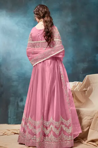 Pink embroidered net anarkali suit