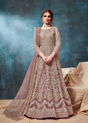 Light brown embroidered net anarkali suit 1