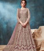 Light brown embroidered net semi stitched anarkali suit