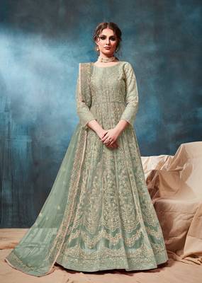 Light green embroidered net anarkali suit 1