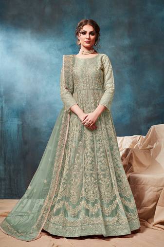 Light green embroidered net semi stitched anarkali suit