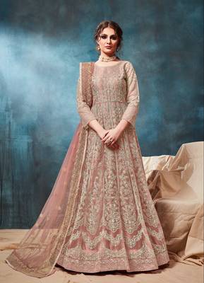 Peach embroidered net anarkali suit 1