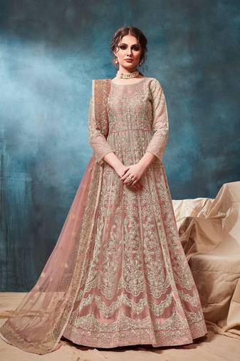 Peach embroidered net semi stitched anarkali suit
