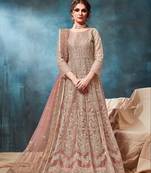 Peach embroidered net semi stitched anarkali suit