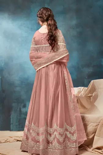 Peach embroidered net anarkali suit
