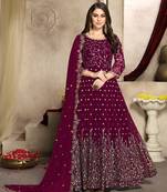 Wine embroidered faux georgette semi stitched anarkali suit
