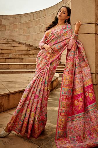Pink Banarasi silk blend Zari Weaving Border And Rich Pallu Saree With Blouse For Women