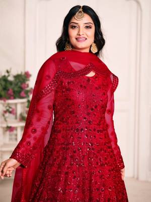Red embroidered net anarkali suit 3