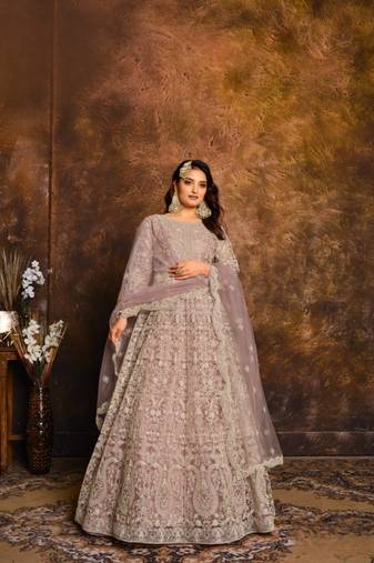Purple embroidered net semi stitched anarkali suit