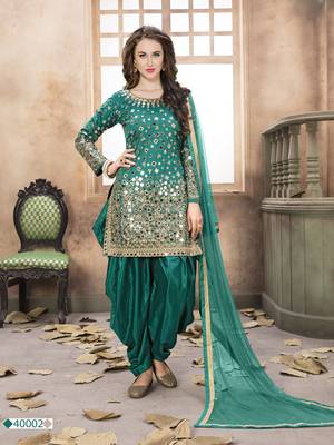 Teal embroidered tapeta silk semi stitched salwar suit 1