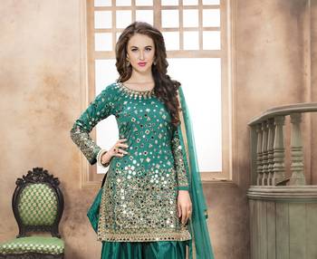 Teal embroidered tapeta silk semi stitched salwar suit 2