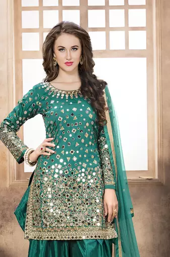 Teal embroidered tapeta silk semi stitched salwar suit