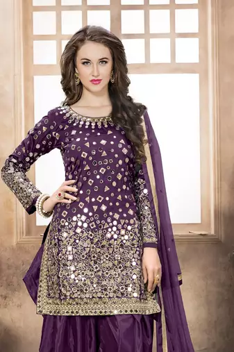 Purple Embroidered Tapeta Silk Punjabi Salwar Suit