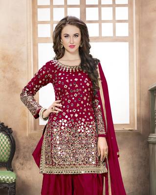 Red embroidered tapeta silk semi stitched salwar suit 2