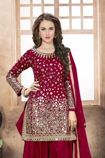 Red embroidered tapeta silk semi stitched salwar suit