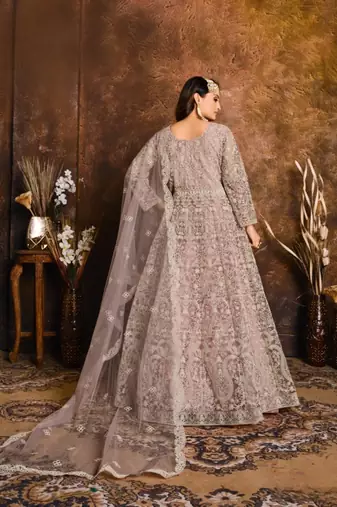 Purple embroidered net anarkali suit