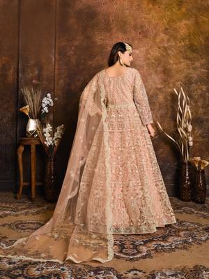 Peach embroidered net anarkali suit 2
