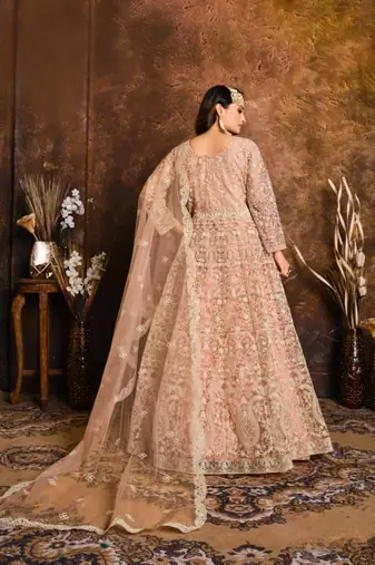 Peach embroidered net anarkali suit