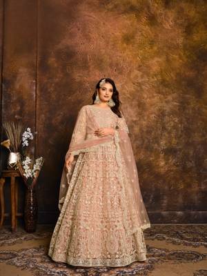 Peach embroidered net anarkali suit 1