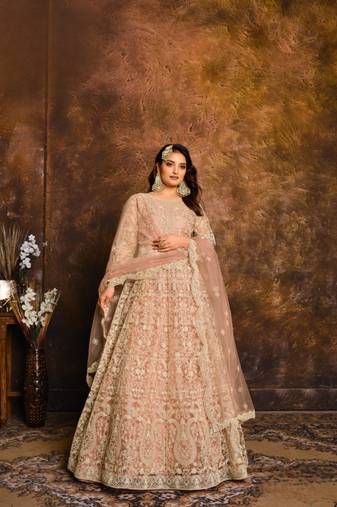 Peach embroidered net semi stitched anarkali suit