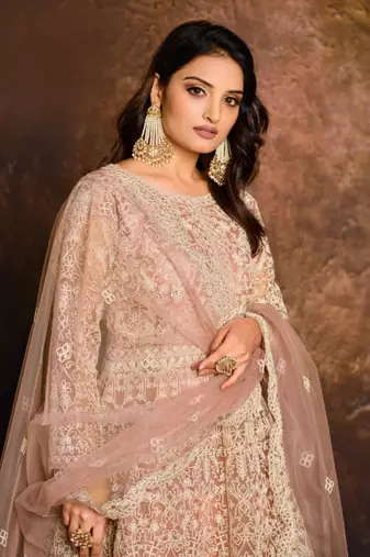 Peach embroidered net anarkali suit