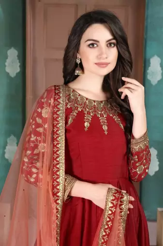 Red embroidered adda silk anarkali suit