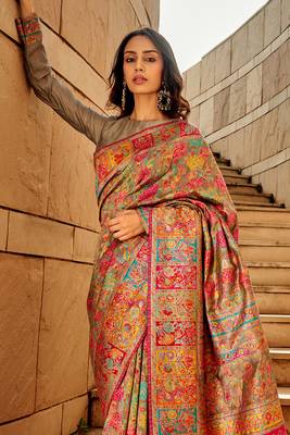 Green Banarasi silk blend Zari Weaving Border And Rich Pallu Saree With Blouse For Women 3