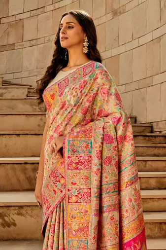 Cream Banarasi silk blend Zari Weaving Border And Rich Pallu Saree With Blouse For Women
