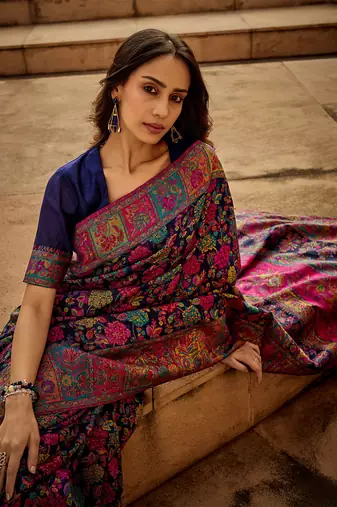 Blue Banarasi silk blend Zari Weaving Border And Rich Pallu Saree With Blouse For Women
