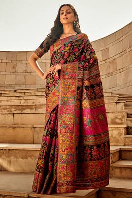 Black Banarasi silk blend Zari Weaving Border And Rich Pallu Saree With Blouse For Women 1