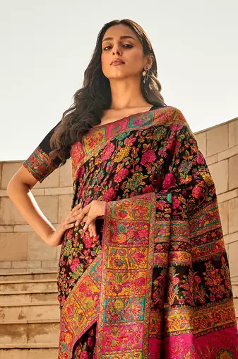 Black Banarasi silk blend Zari Weaving Border And Rich Pallu Saree With Blouse For Women