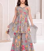 new Grey floral print alia cut peplum top and sharara set for girls