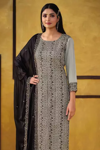 Light grey heavy rangoli coding sequence salwar suit