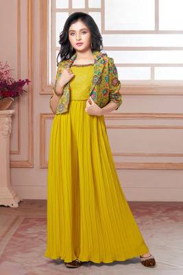 Cotton Silk Indowestern Mustard Yellow Palazzo Set for Girls 1