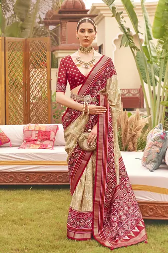 Elora soft silk patola printed saree for women (beige)